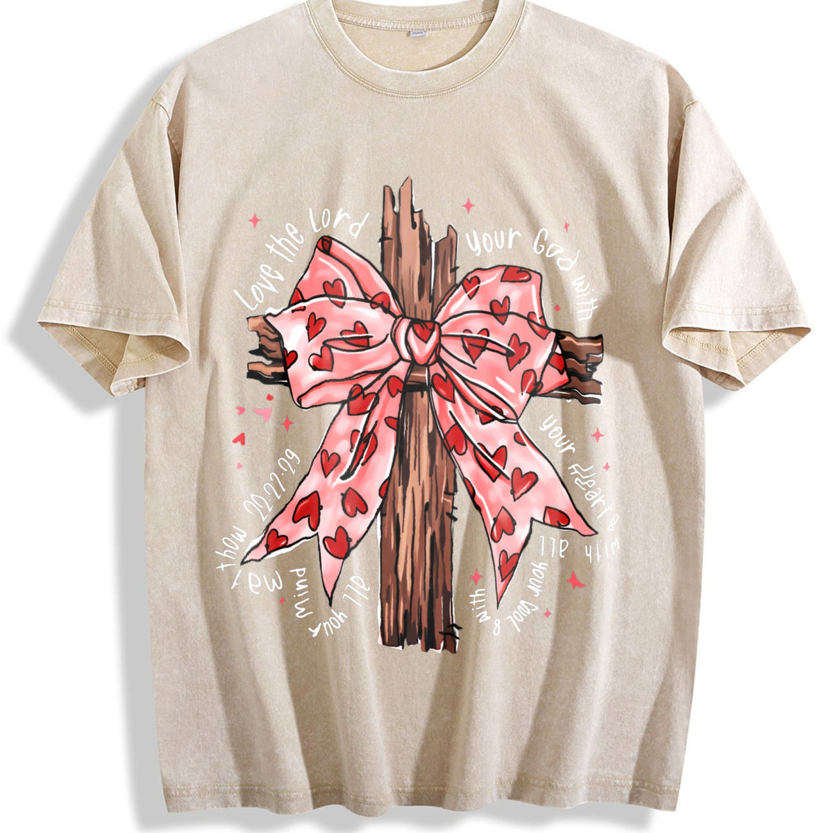 Faith Cross with Pink Heart Bow Vintage Washed T-Shirt product image 1