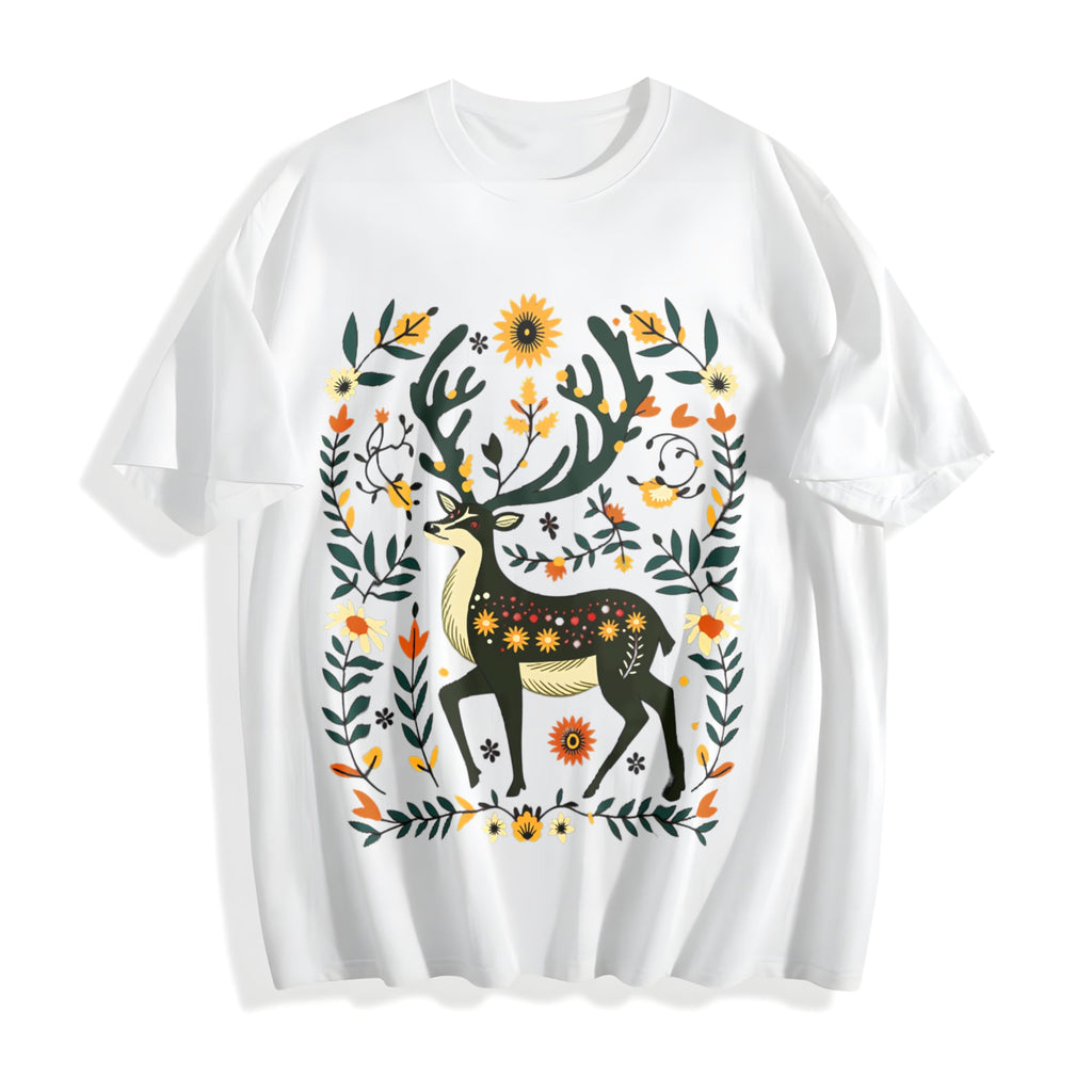 Bohemian Folk Art - Vibrant Deer & Floral Cotton T-Shirt product image 2