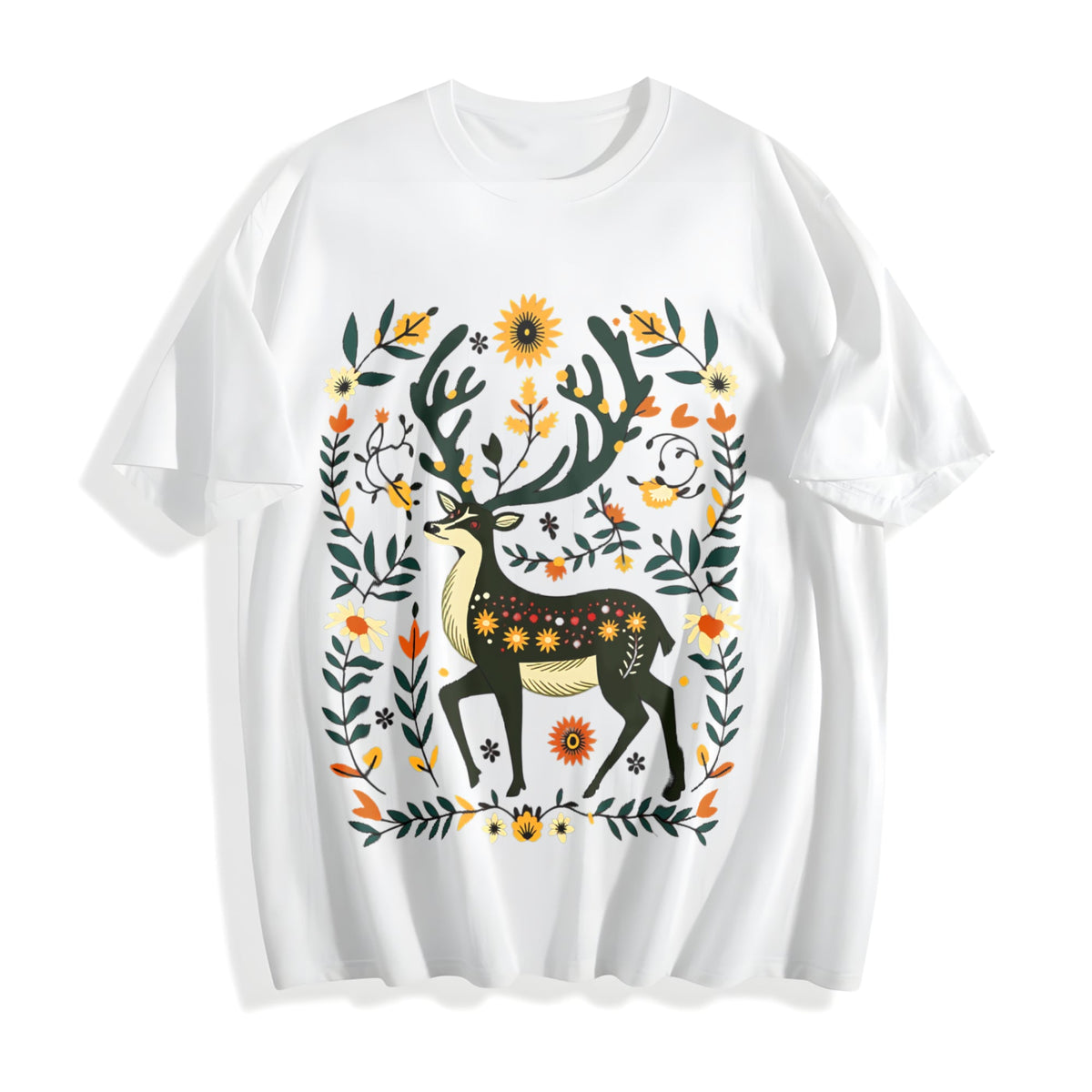 Bohemian Folk Art - Vibrant Deer & Floral Cotton T-Shirt product image 2