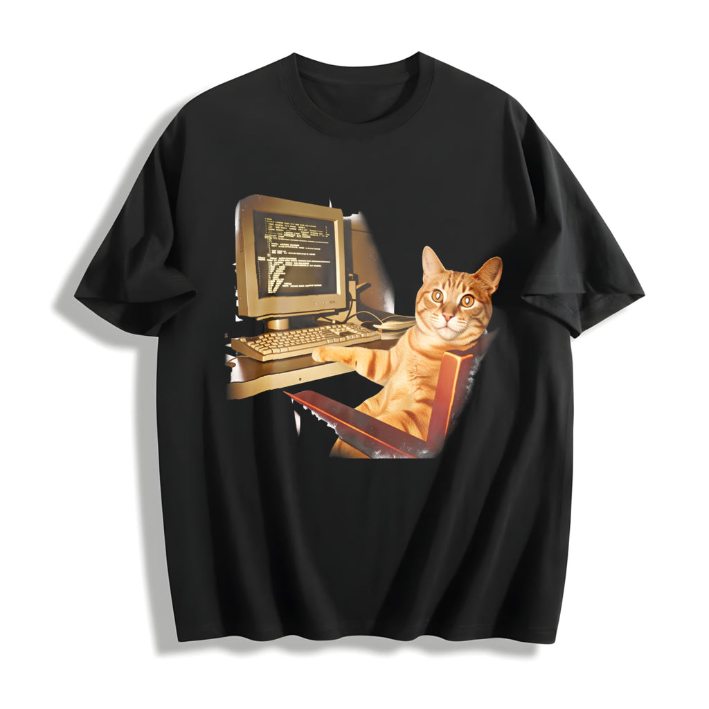 Funny Office Cat Working At Computer Meme Dtg Cotton T-Shirt product image 1