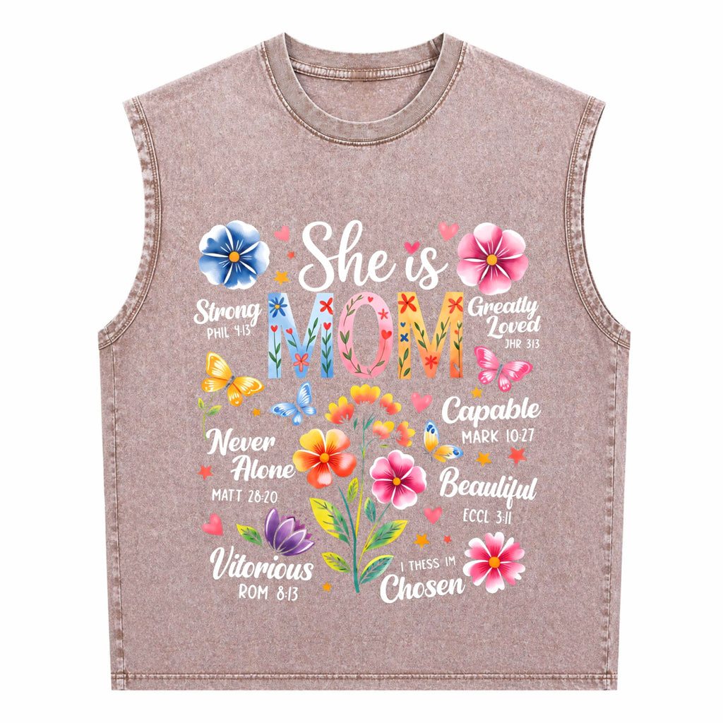 She Is Mom Bible Verses Christian Boho Floral Mother's Men's Washed Tank Top