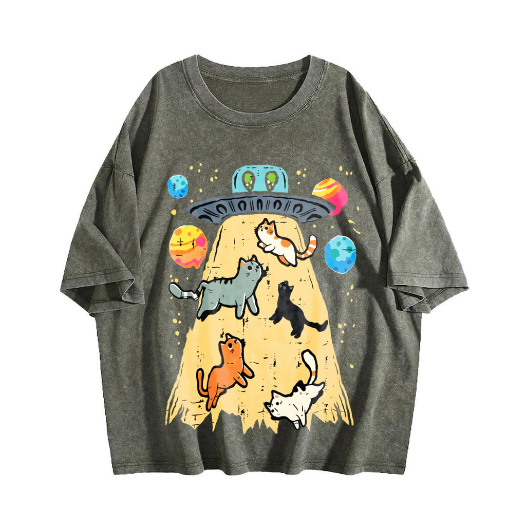 Summer UFO Takeaway Cute Cat Vintage Washed T-Shirt product image 4