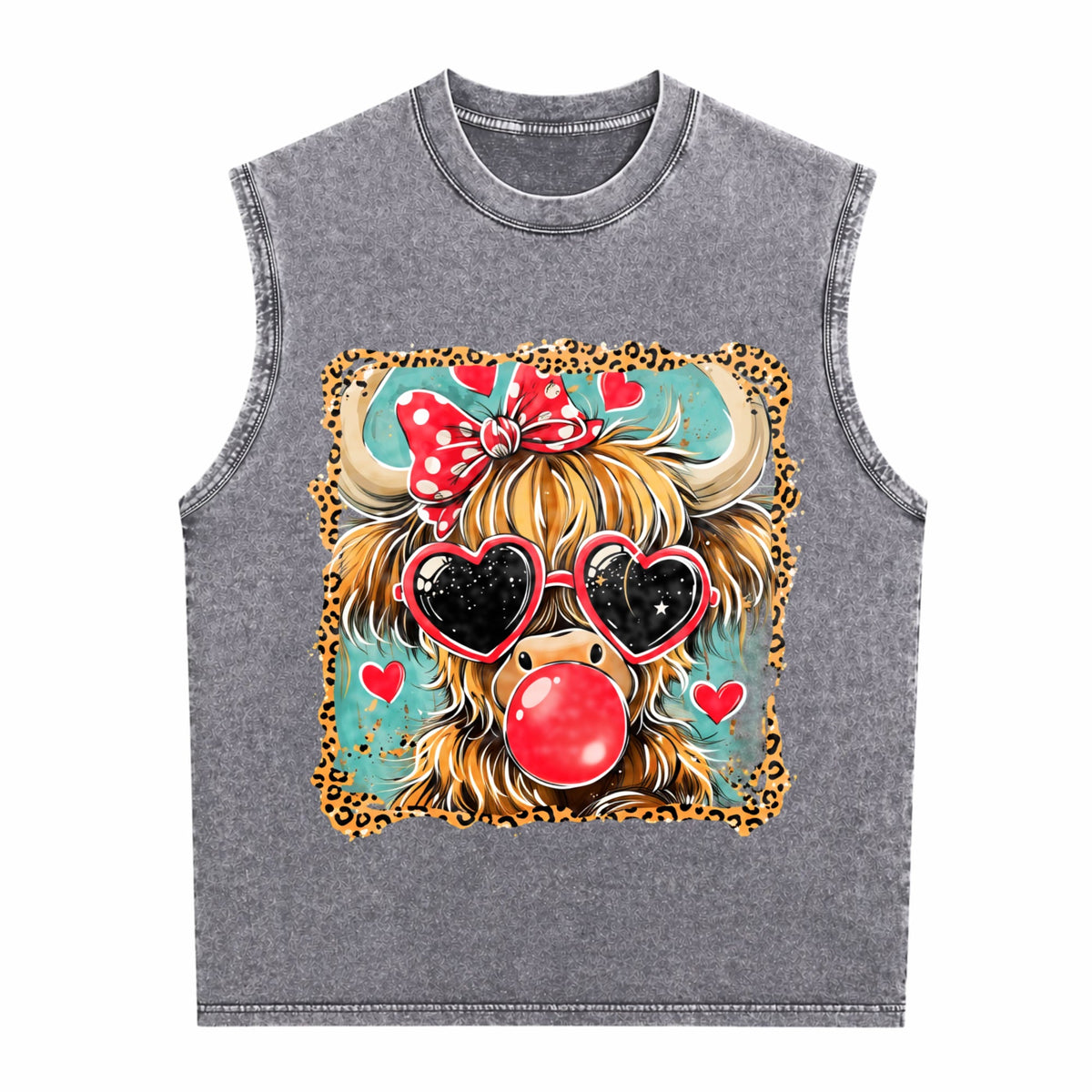 Highland Cow Valentine Coquette Valentine Heart Leopard Men's Washed Tank Top