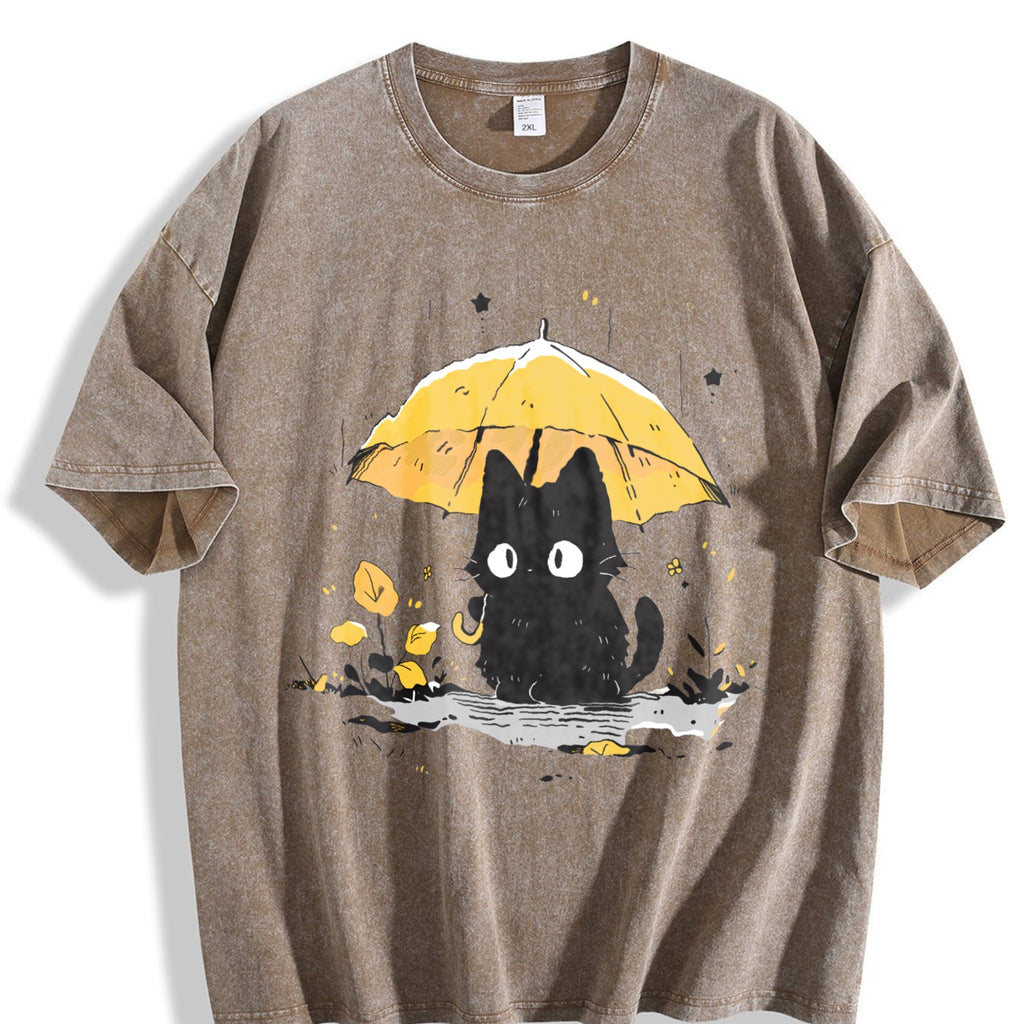 Black Cat under a Yellow Umbrella Vintage Washed T-Shirt product image 3