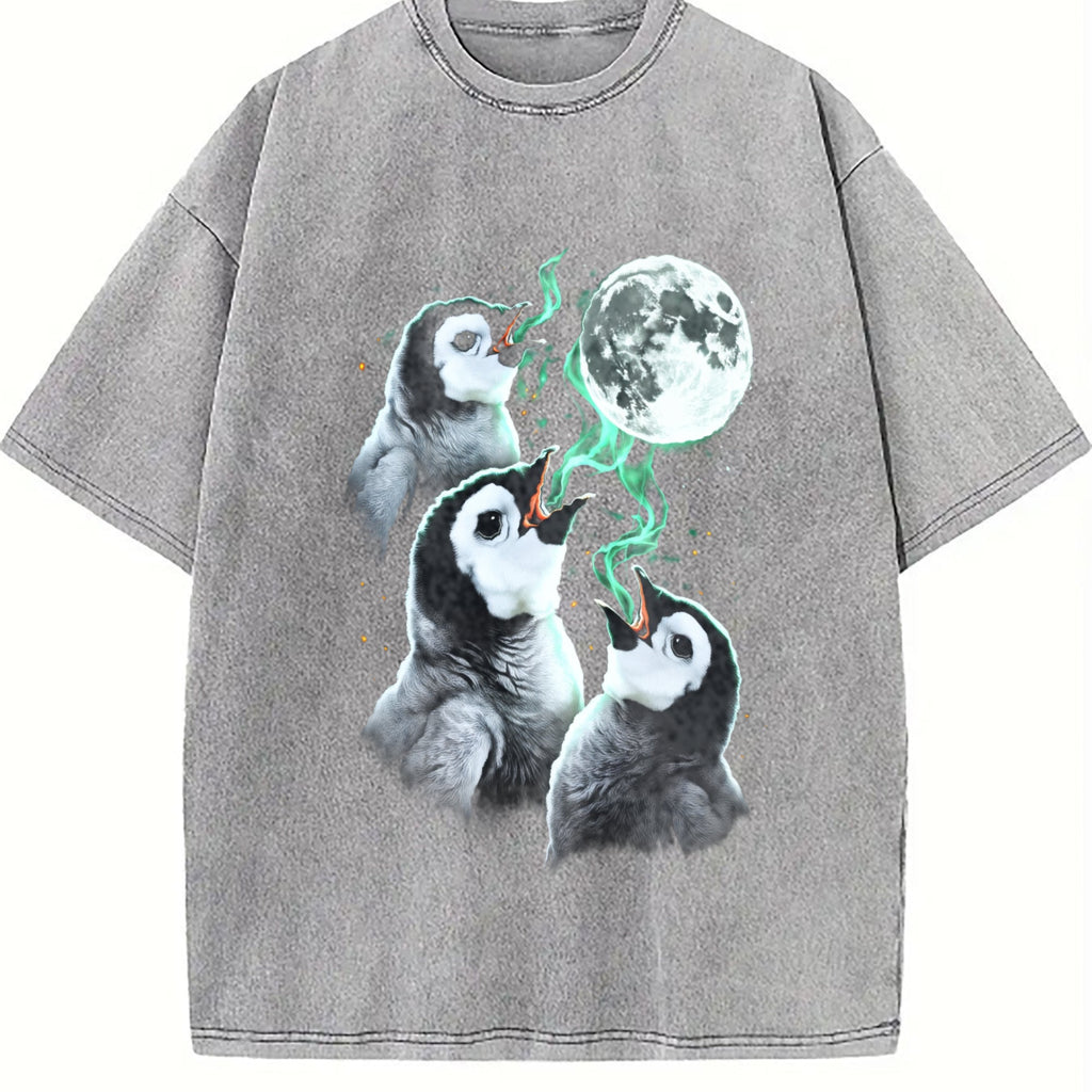 Penguin Howling To Moon 90s Vintage Washed T-Shirt product image 5