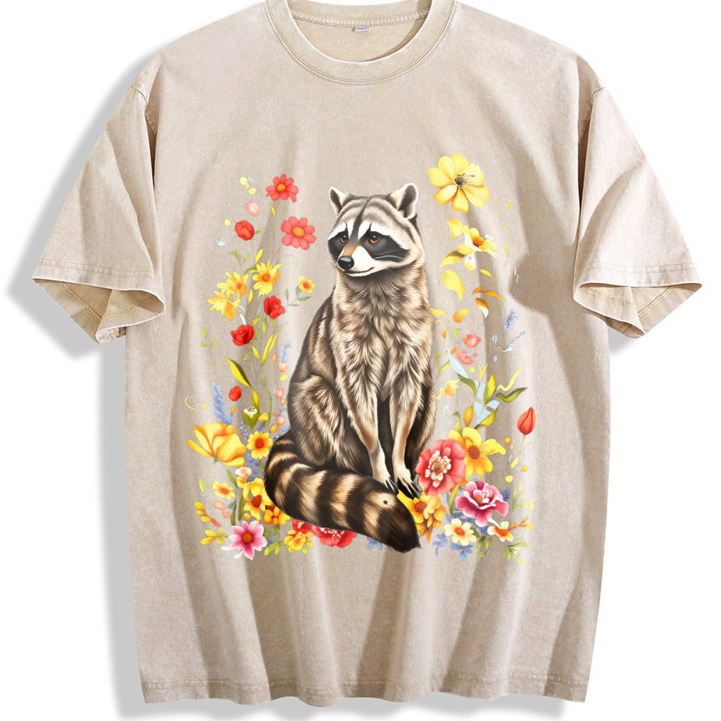 Cute Raccoon Floral Vintage Washed T-Shirt product image 1