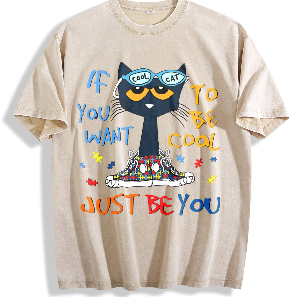 Cartoon Cat Blue-framed Glasses Vintage Washed T-Shirt product image 1