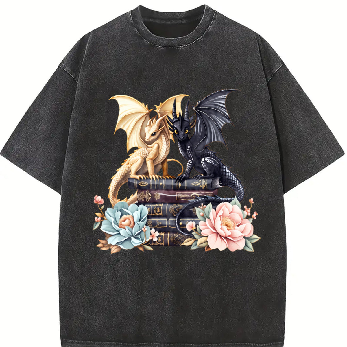 Dragon Book Stack with Flowers Vintage Washed T-Shirt product image 2