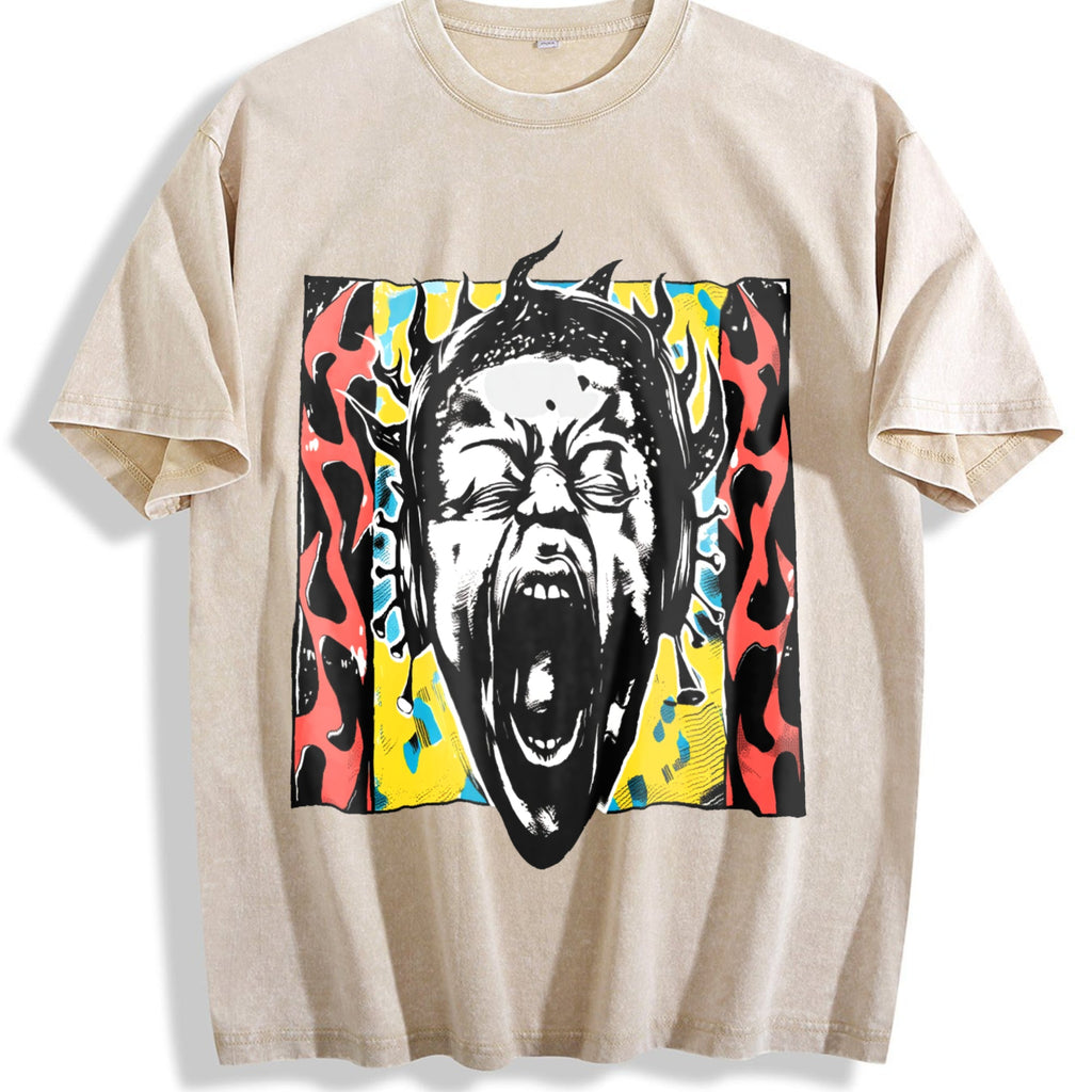 Unique Punk Flame Screaming Face Vintage Washed T-Shirt product image 1