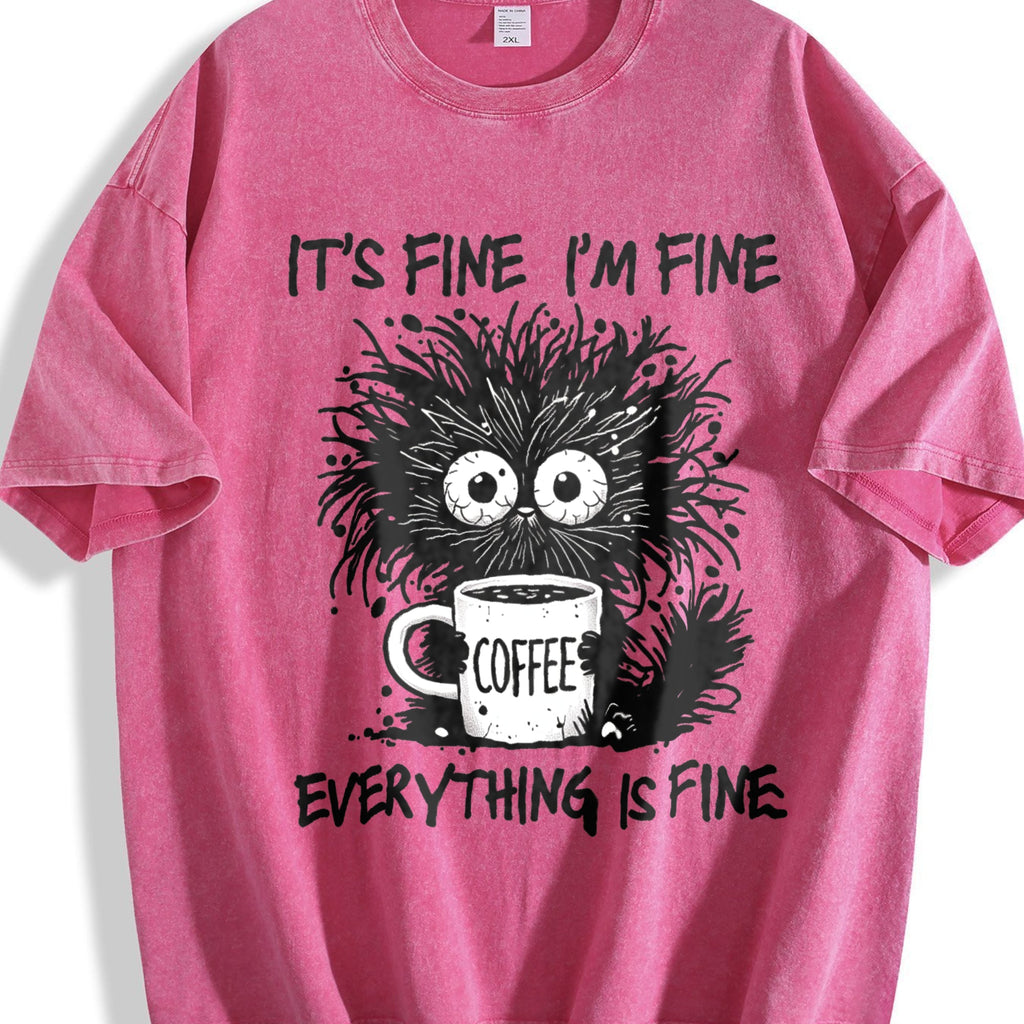 Animal Letter Furry Cat Coffee Vintage Washed T-Shirt product image 7