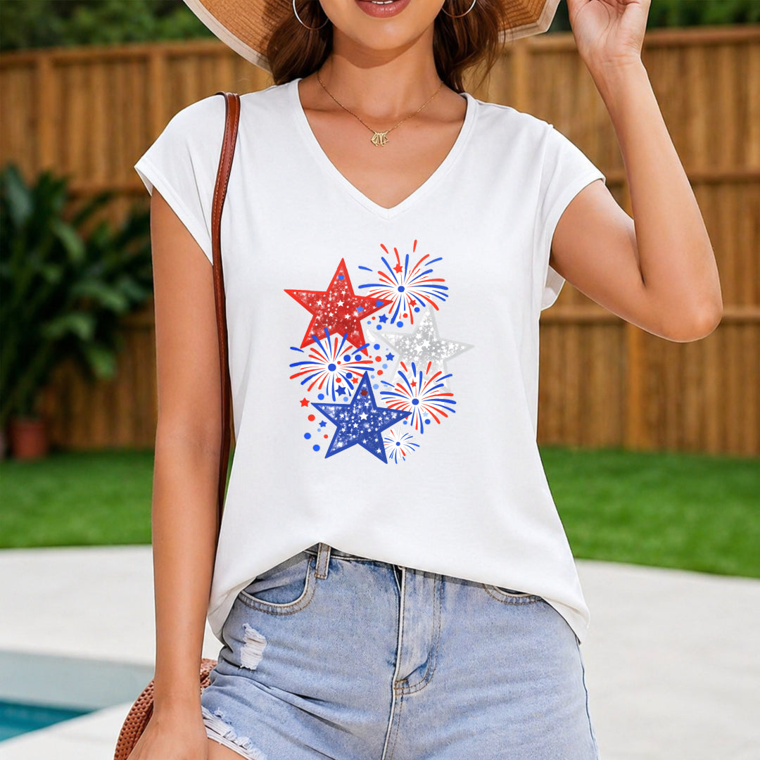 Red Blue Star Fireworks Women's V-Neck Tank Top