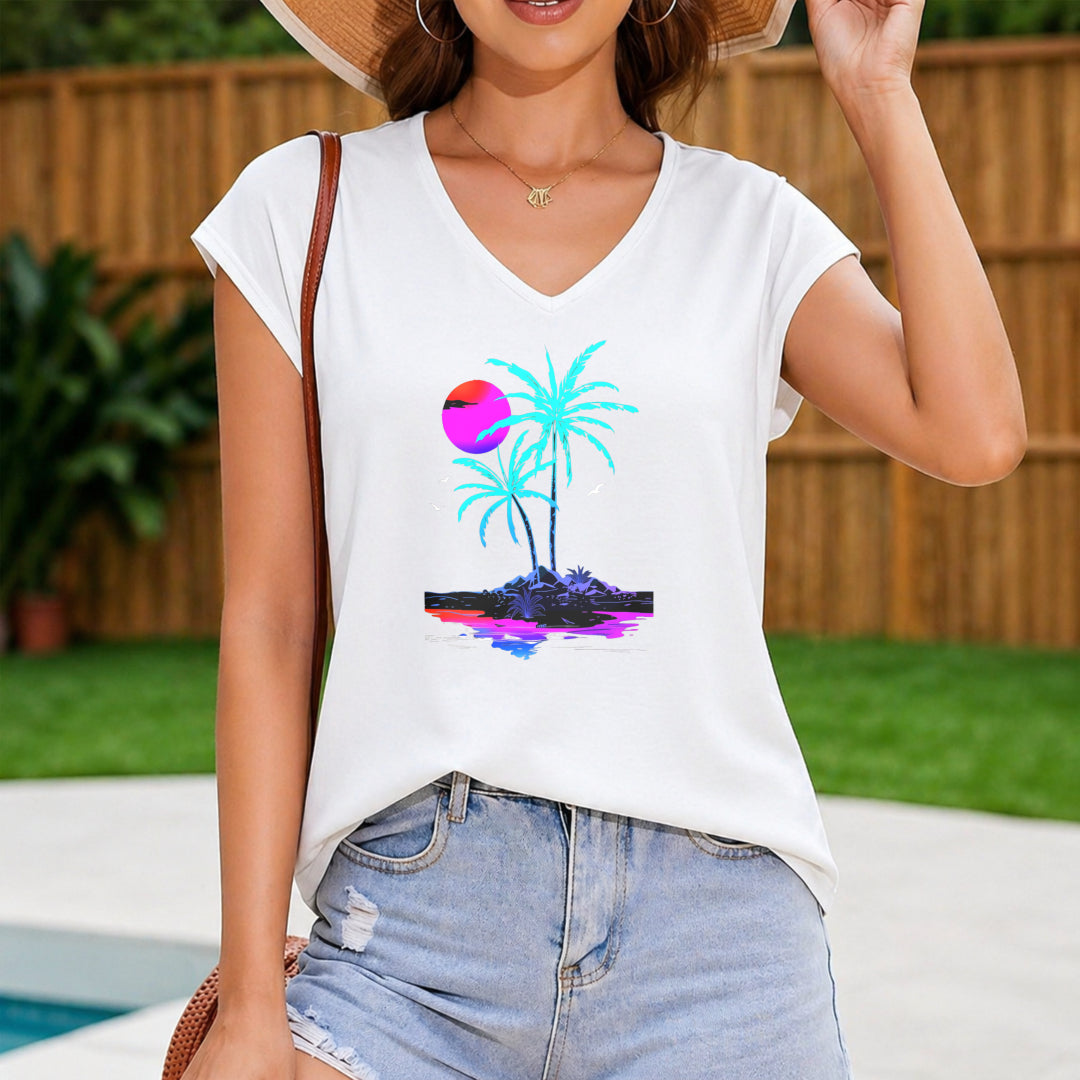 Tropical Geometric Palm Tree Sunset Women's V-Neck Tank Top