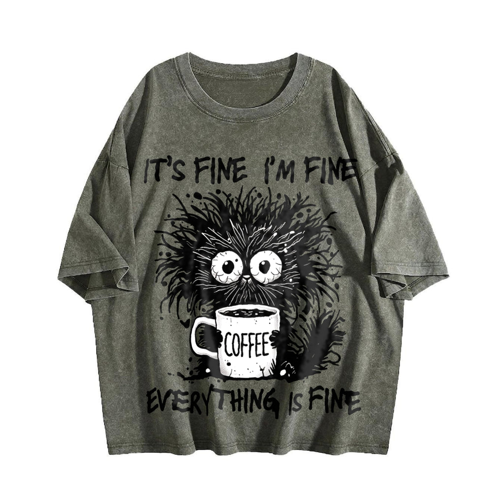 Animal Letter Furry Cat Coffee Vintage Washed T-Shirt product image 4