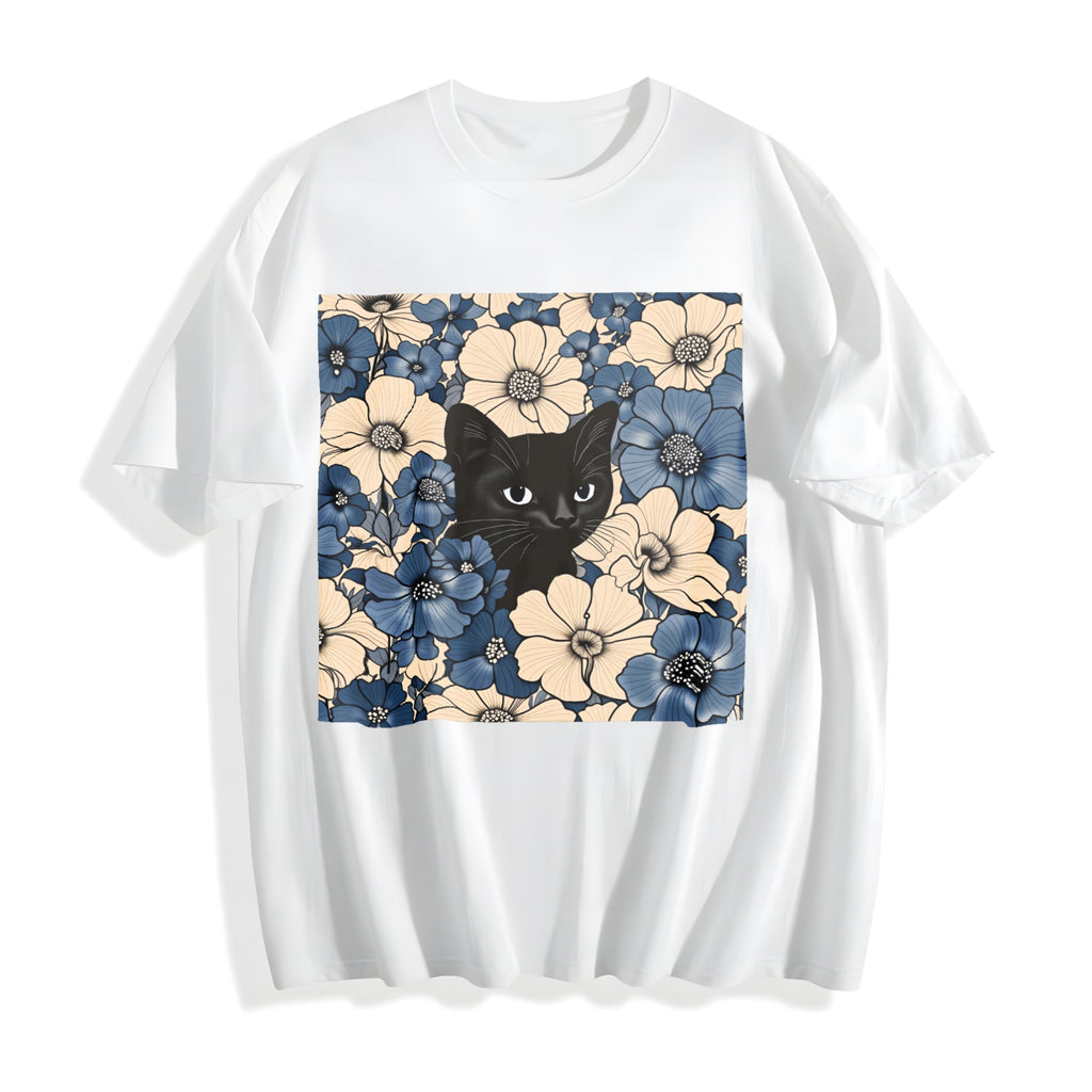 Black Cat Floral Fun American Cotton T-Shirt product image 2