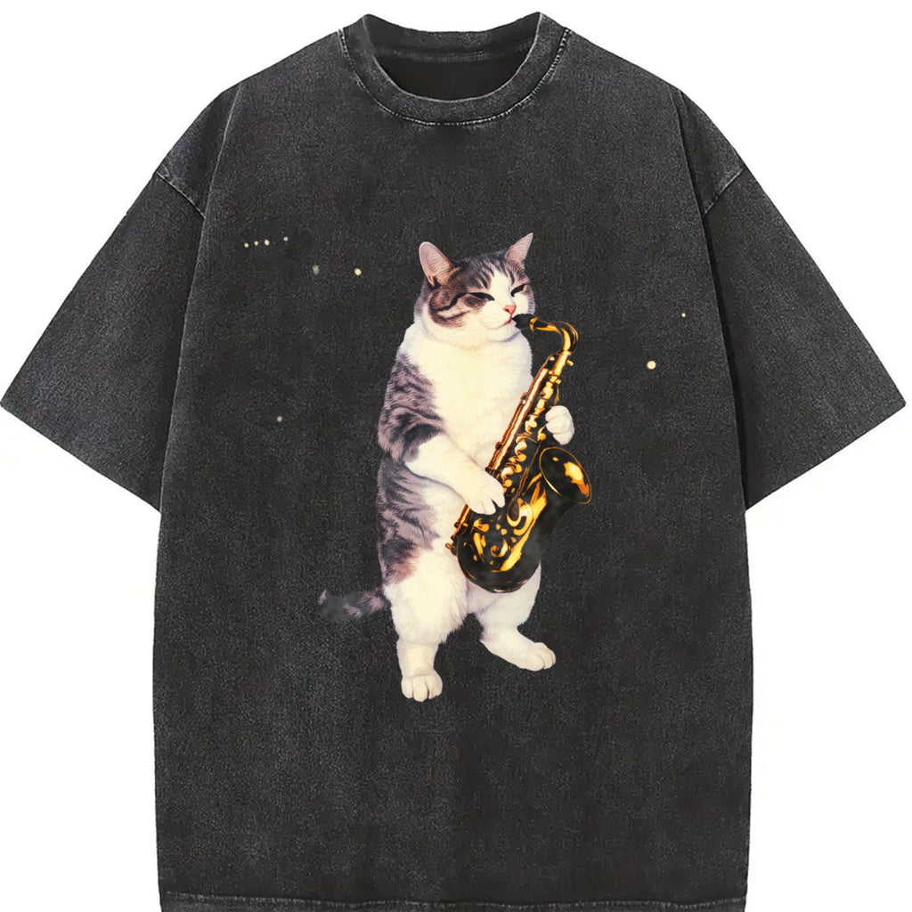Saxophone Cat Vintage Washed T-Shirt product image 2