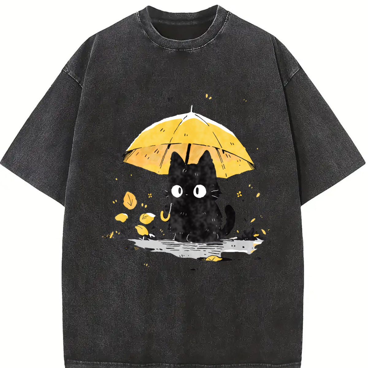 Black Cat under a Yellow Umbrella Vintage Washed T-Shirt product image 2