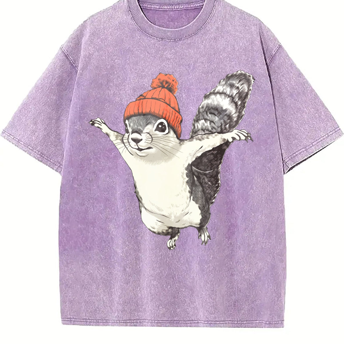 Winter Squirrel Short-sleeved With Orange Yarn Hat Vintage Washed T-Shirt