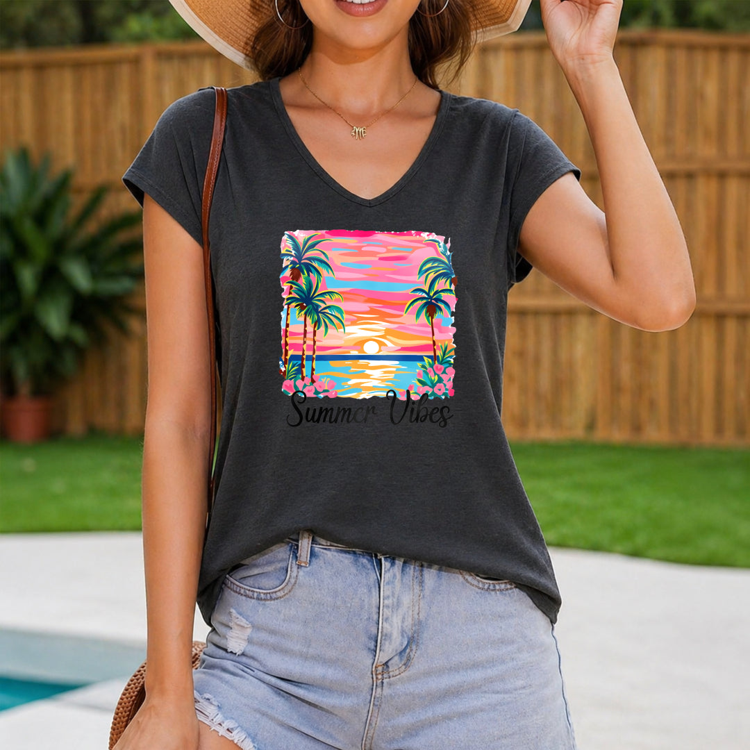 Sunset With Palm Trees And The Words 'summer Vibes' Women's V-Neck Tank Top