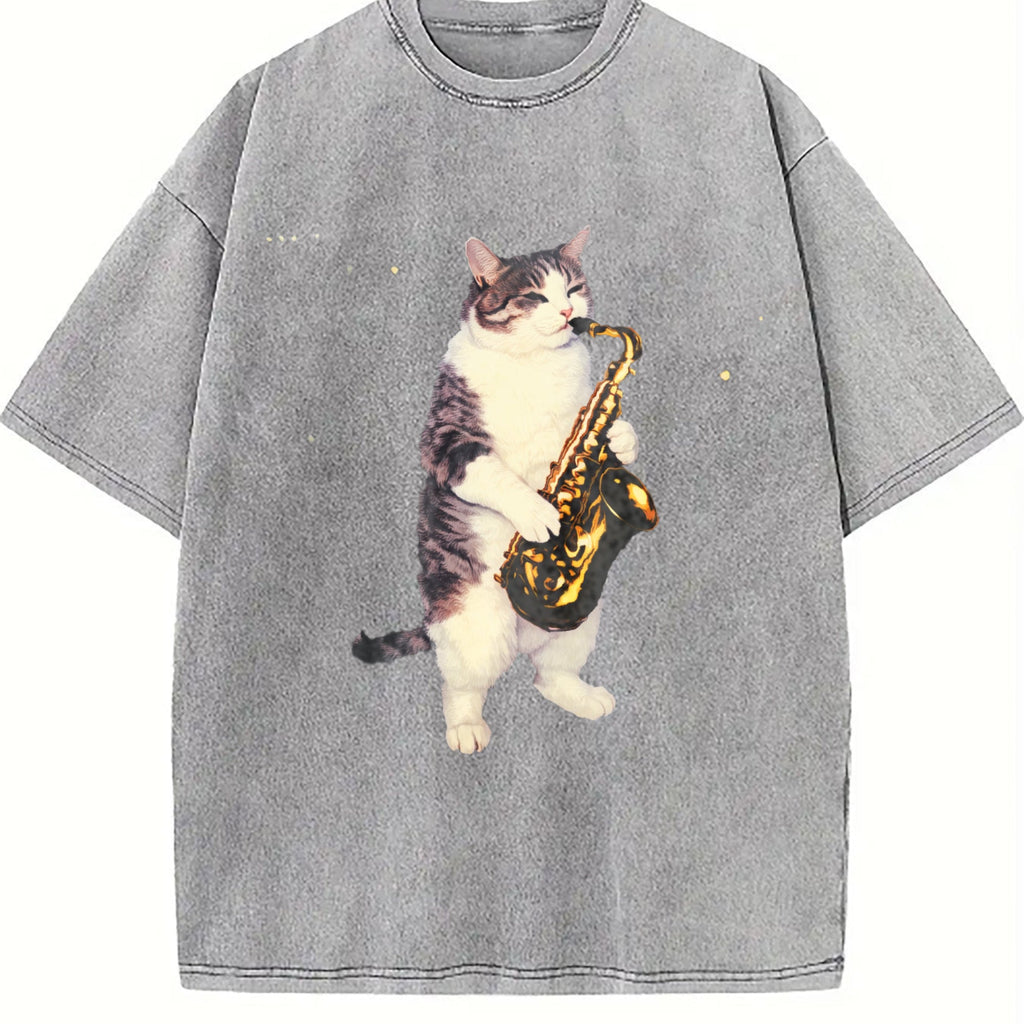Saxophone Cat Vintage Washed T-Shirt product image 5