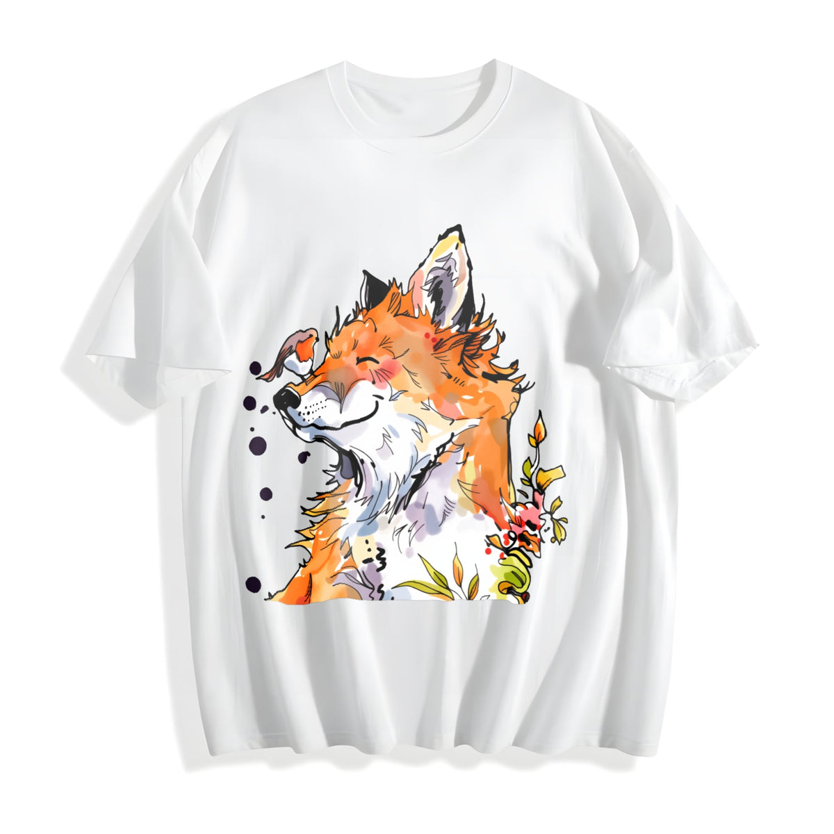 Watercolor Fox And Bird Floral Cotton T-Shirt product image 2