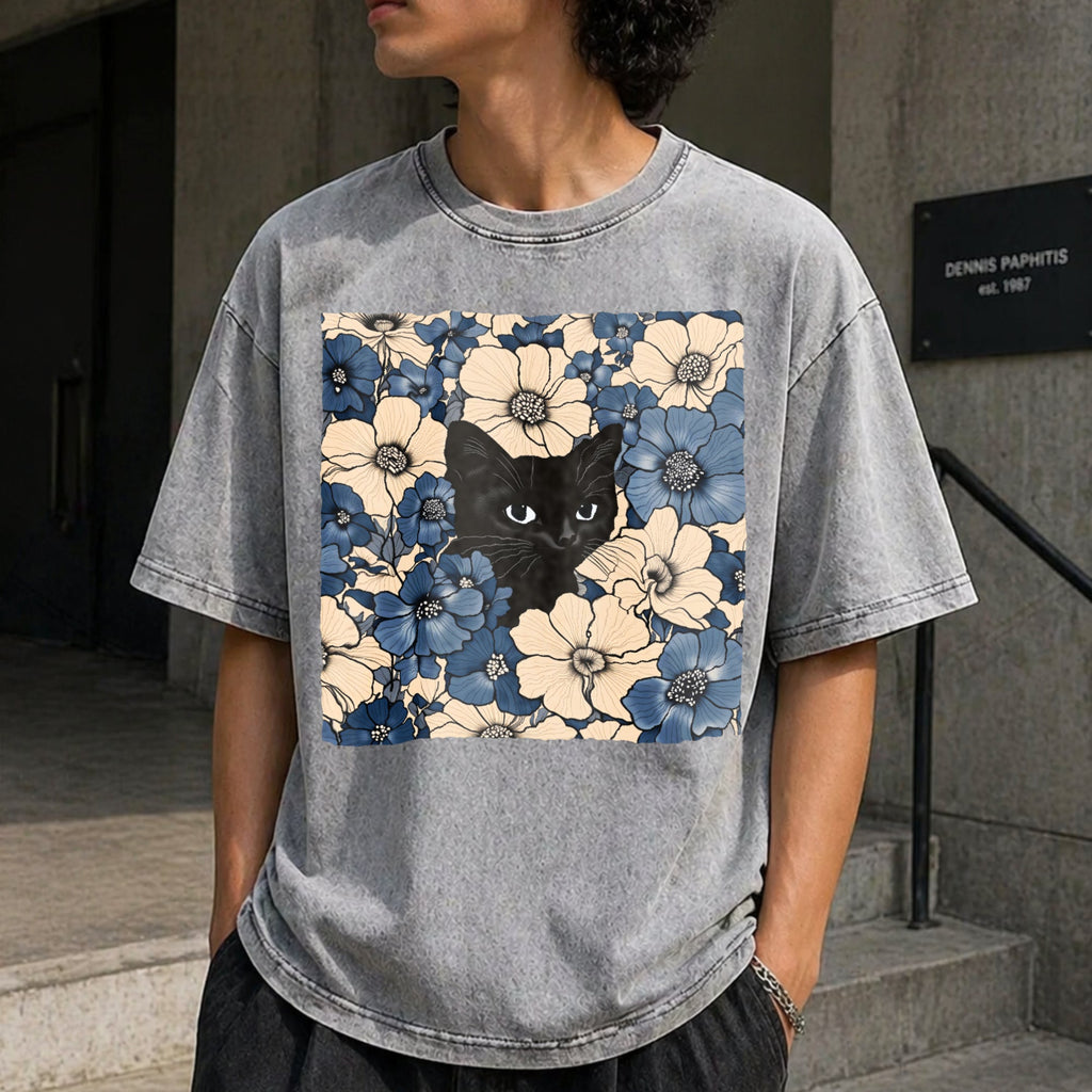 Black Cat Floral Fun American Vintage Washed T-Shirt product image 5
