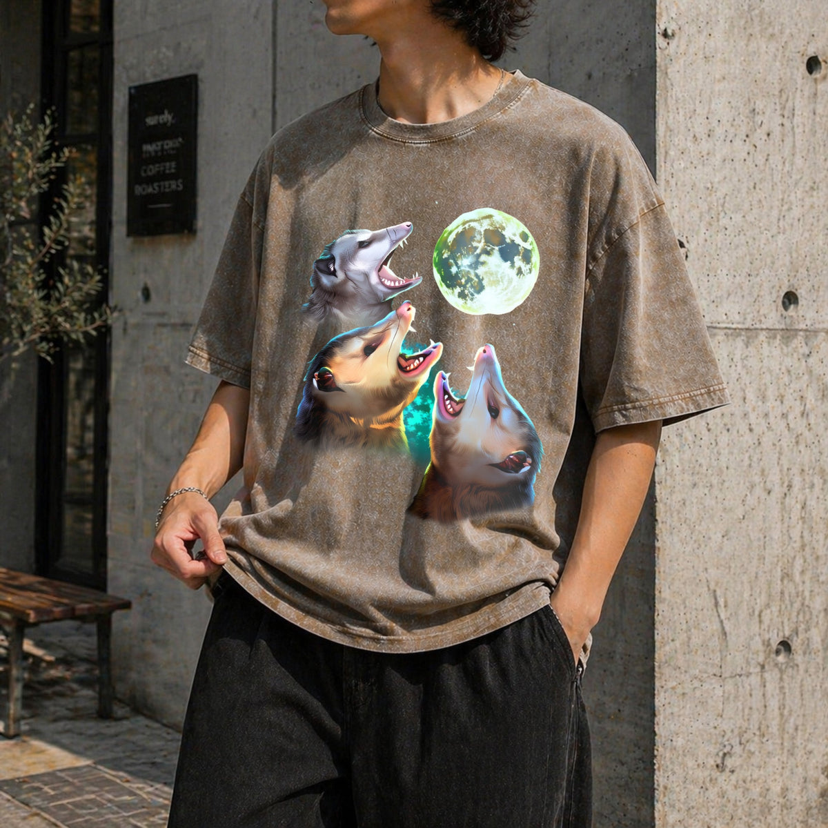 Three Possums Howling At Moon Vintage Washed T-Shirt product image 3