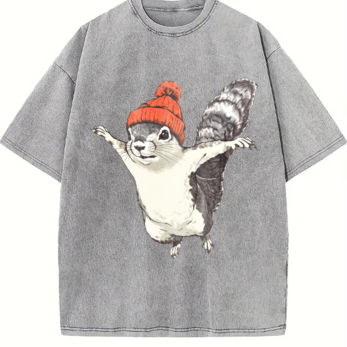 Winter Squirrel Short-sleeved With Orange Yarn Hat Vintage Washed T-Shirt