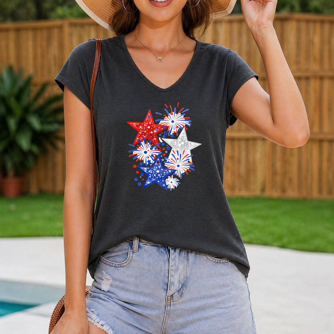 Red Blue Star Fireworks Women's V-Neck Tank Top