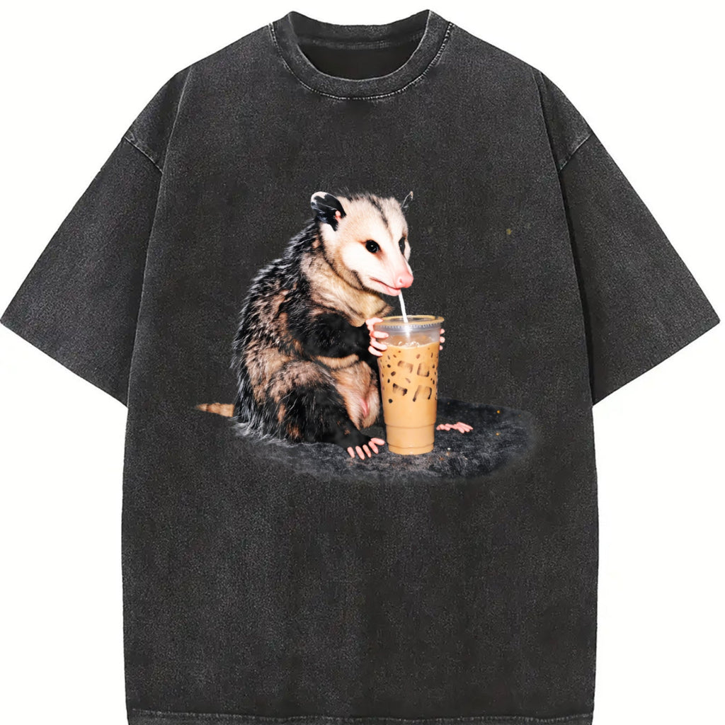Opossum Drinking Iced Coffee Vintage Washed T-Shirt product image 2