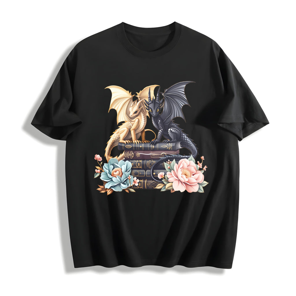 Dragon Book Stack with Flowers Cotton T-Shirt product image 1
