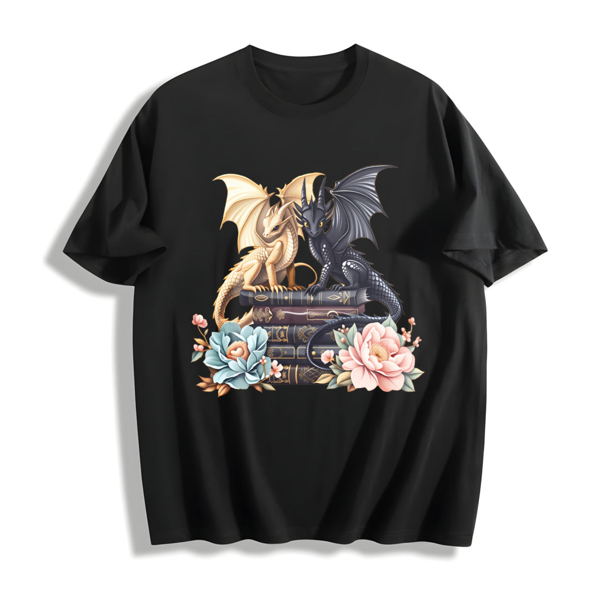 Dragon Book Stack with Flowers Cotton T-Shirt product image 1