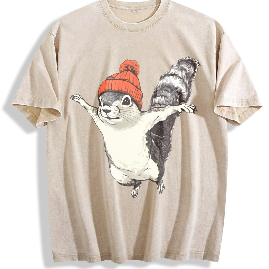 Winter Squirrel Short-sleeved With Orange Yarn Hat Vintage Washed T-Shirt