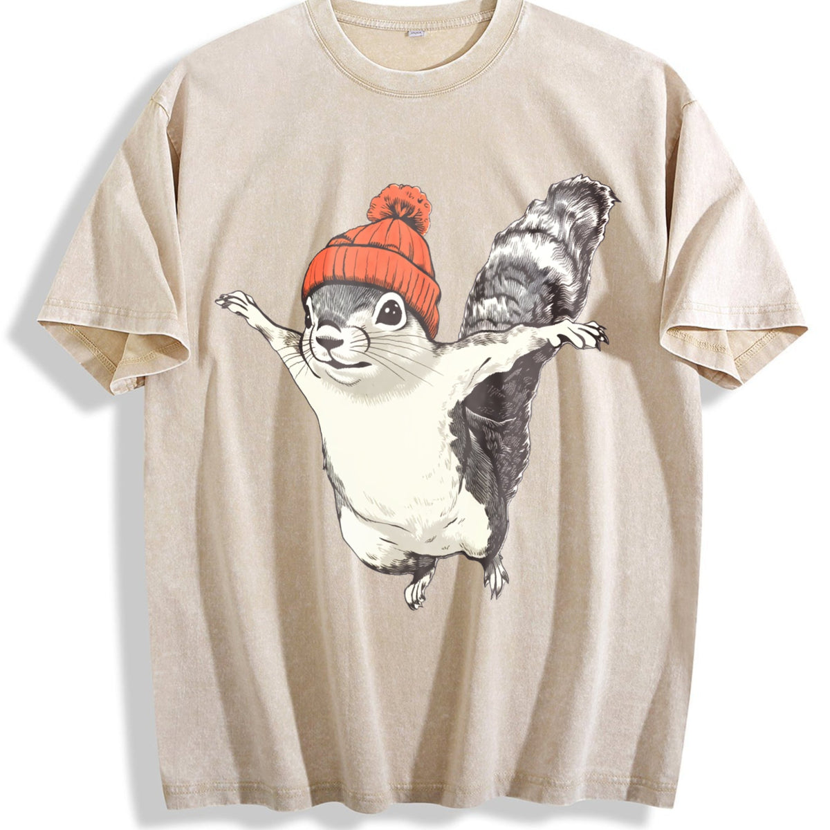 Winter Squirrel Short-sleeved With Orange Yarn Hat Vintage Washed T-Shirt