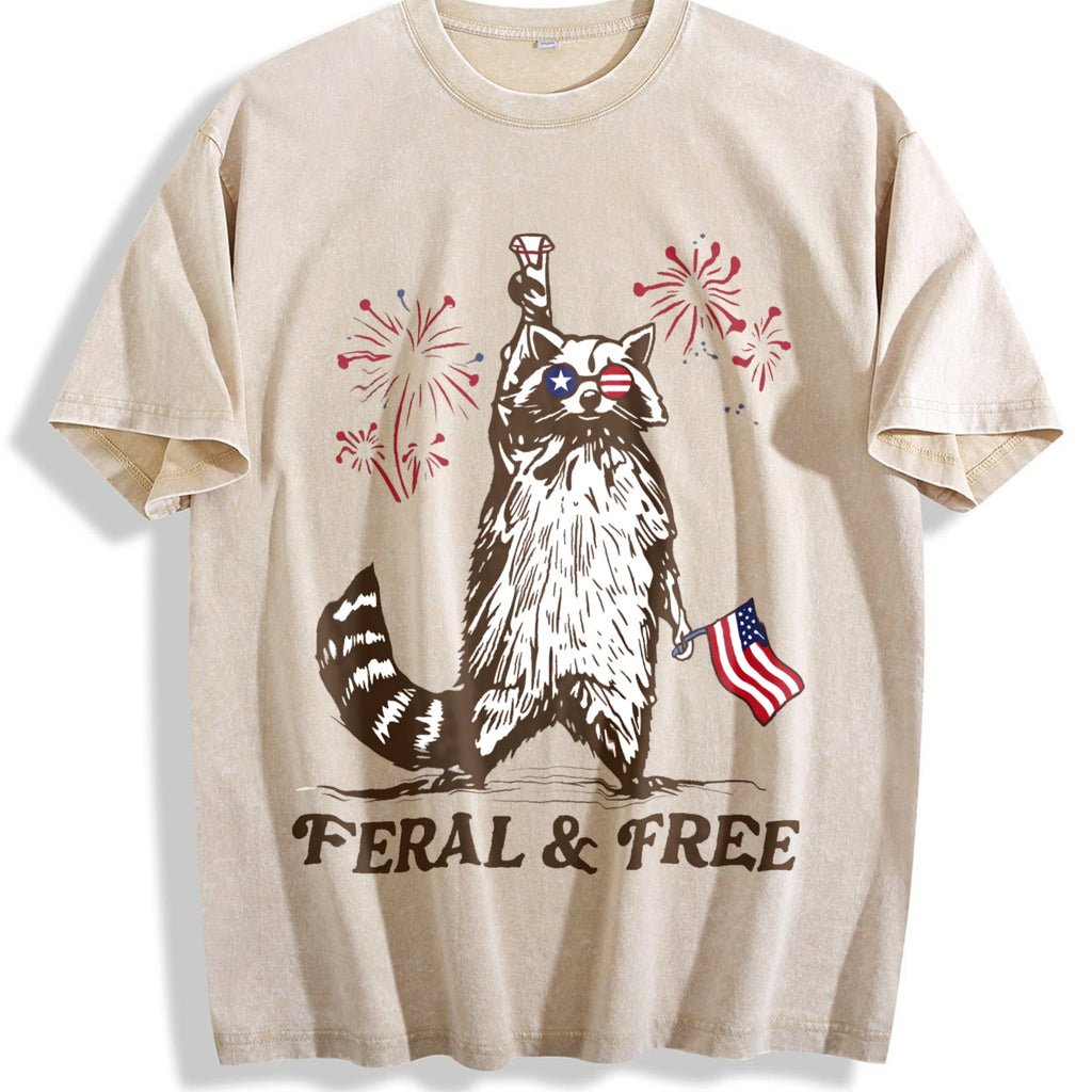 Raccoon Flag And Firework Vintage Washed T-Shirt product image 1
