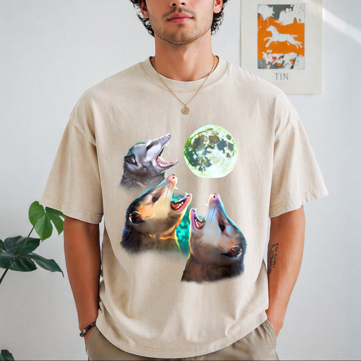 Three Possums Howling At Moon Vintage Washed T-Shirt product image 1