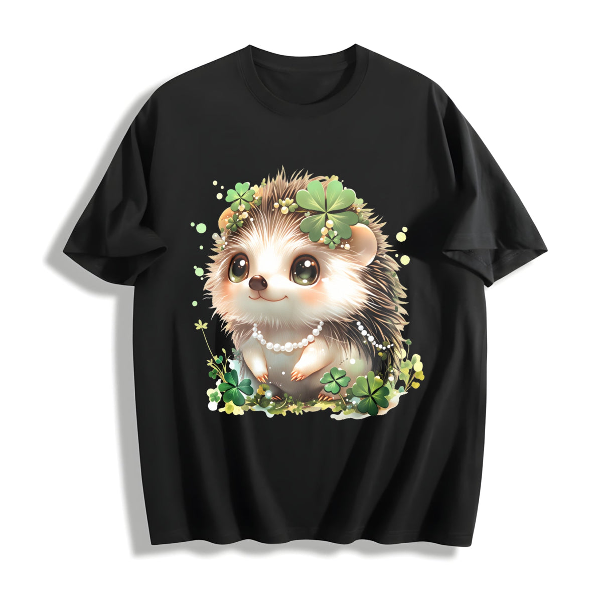 Summer : Hedgehog With Jewelry And Lucky Four-leaf Clover Cotton T-Shirt