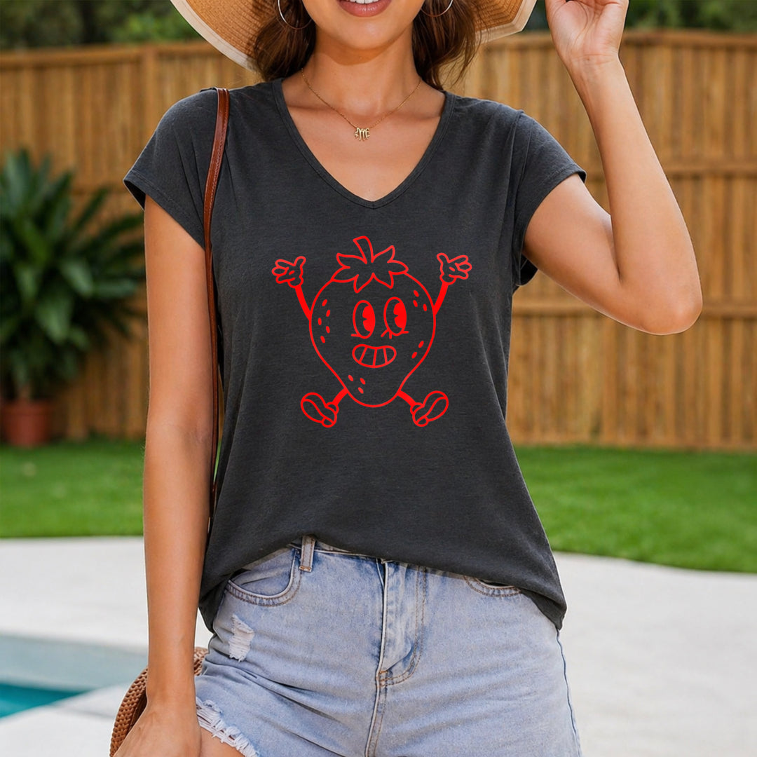 Playful Cartoon Strawberry - Women's V-Neck Tank Top