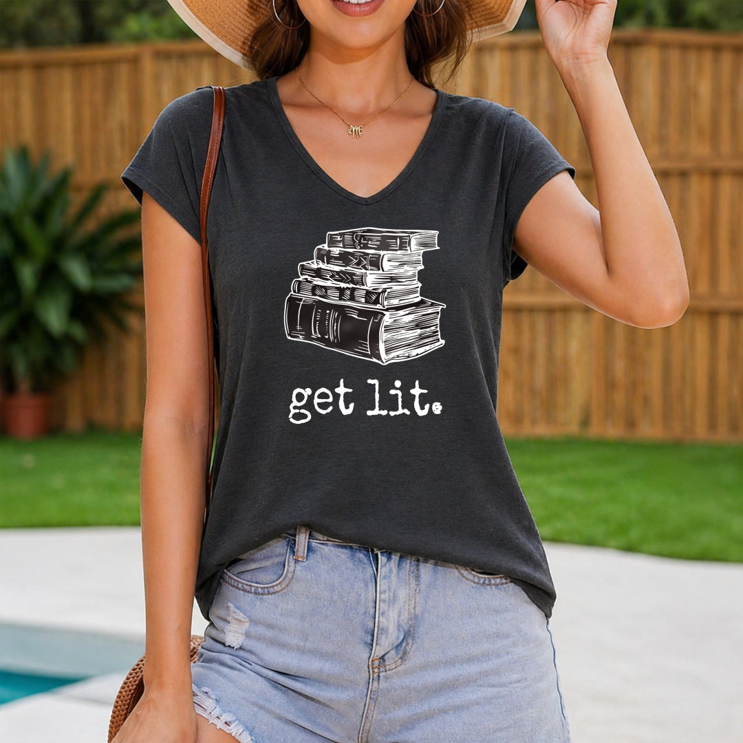 Stacked Books Are Lit Up - Fun Cartoon Letter Women's V-Neck Tank Top