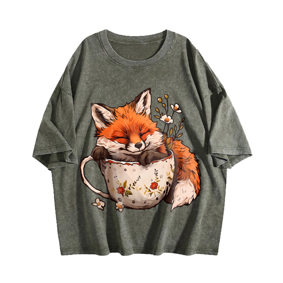 Winter : Little Fox Curled Up In A Floral Teacup Vintage product image 4