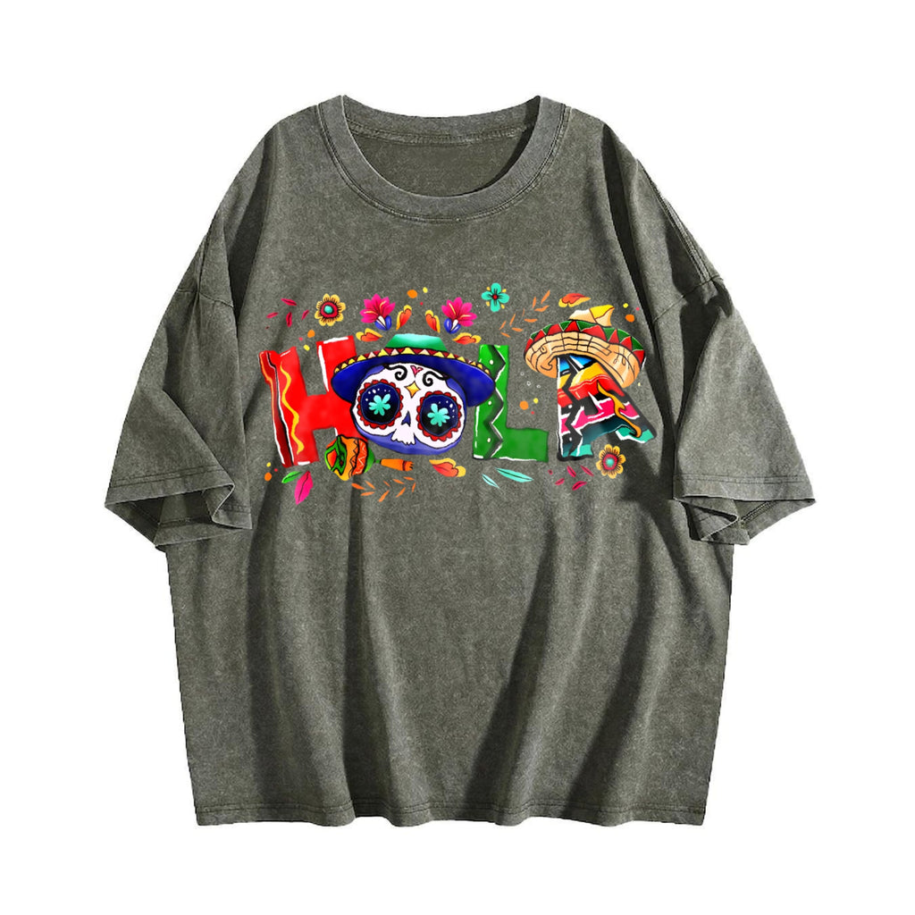 Holiday Letter Wide Brim Hat Cinco De Mayo Carnival Vintage Washed T-Shirt