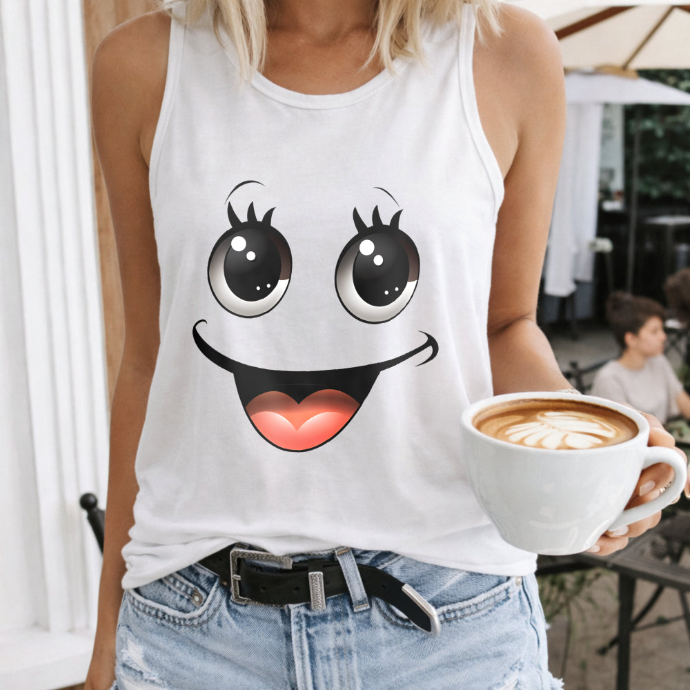 Cartoon Joyful Face Racer - Vibrant Pink Women's Tank Top