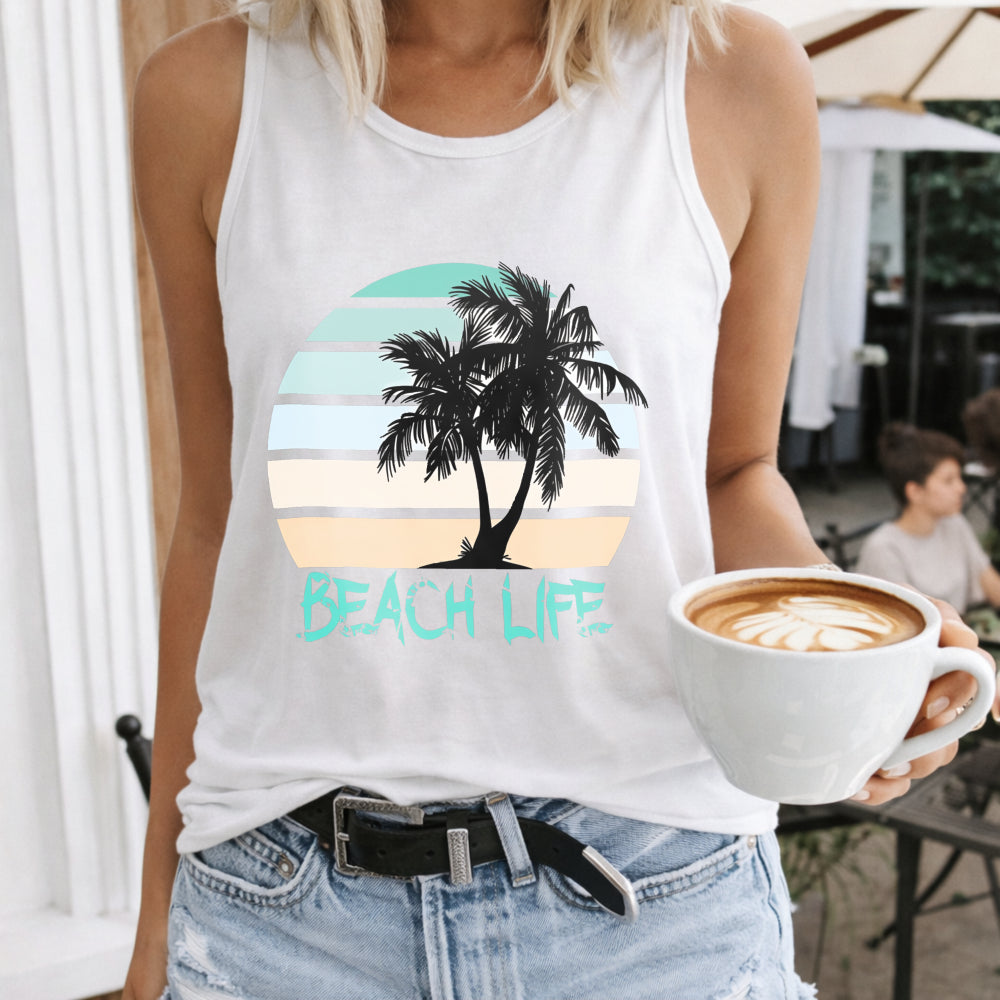 Island Vacation And Beach Life Letters And Palm Tree Women's Tank Top
