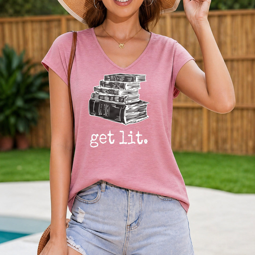 Stacked Books Are Lit Up - Fun Cartoon Letter Women's V-Neck Tank Top