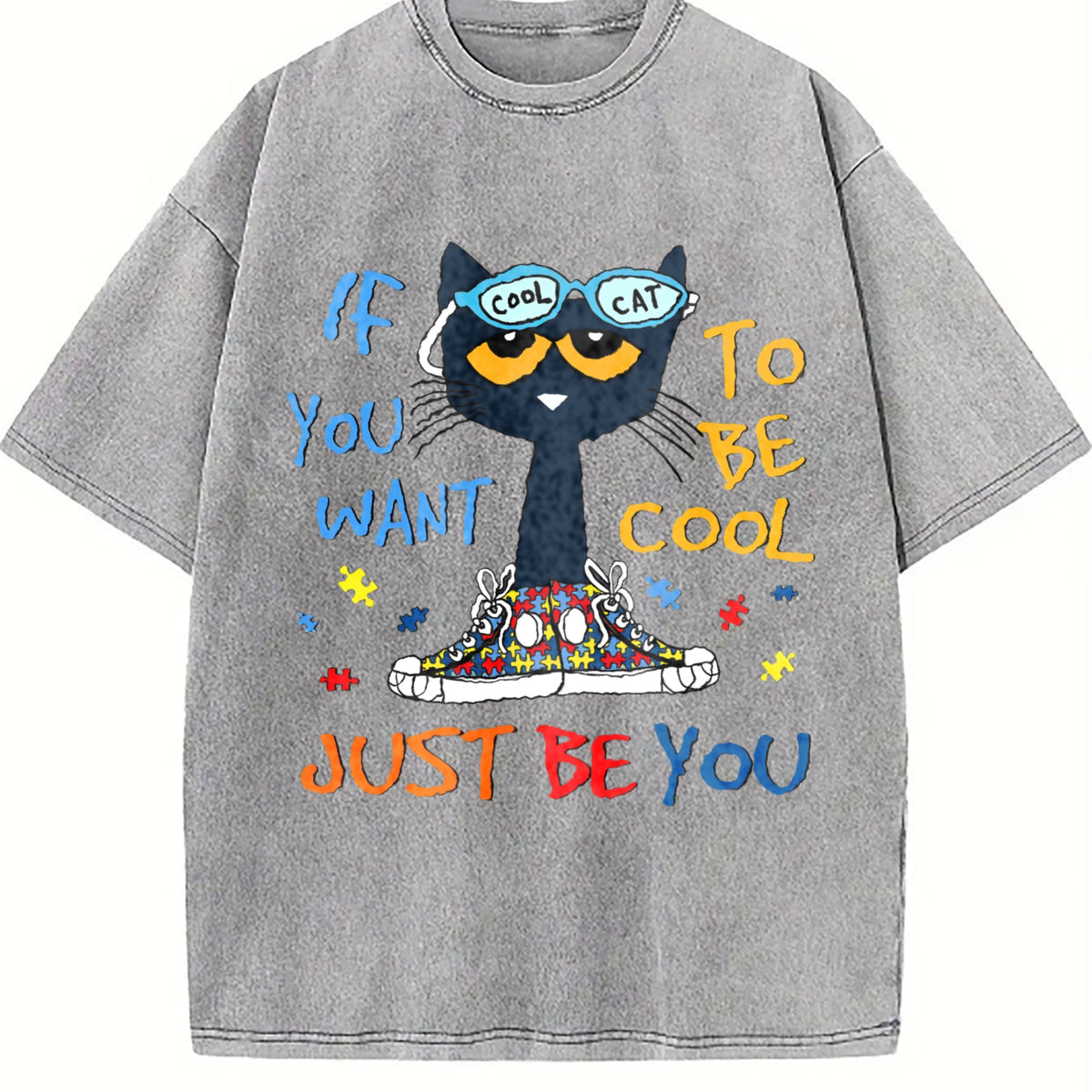 Cartoon Cat Blue-framed Glasses Vintage Washed T-Shirt product image 4