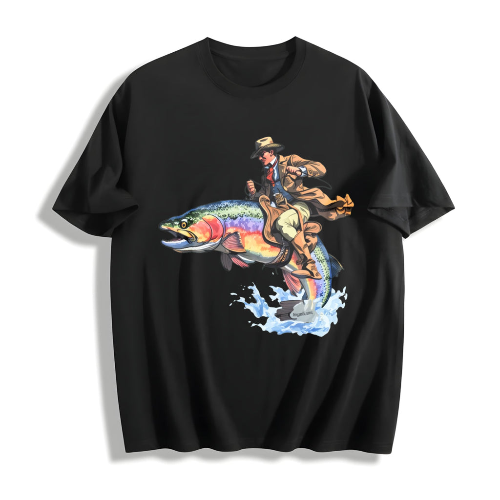 Cowboy Riding Trout Western Fishing Cotton T-Shirt product image 1