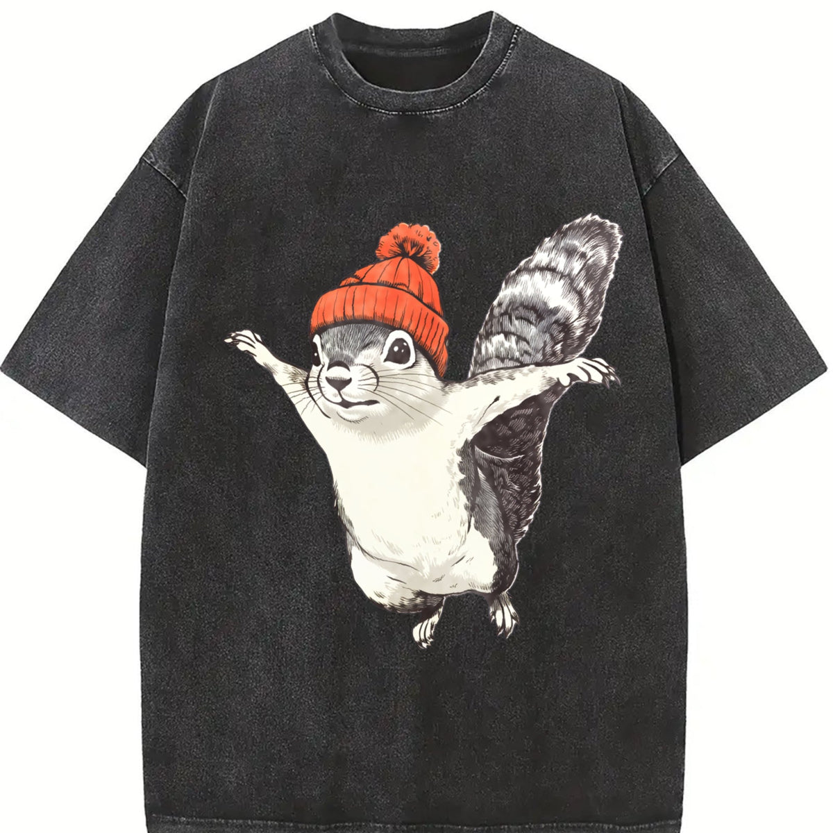 Winter Squirrel Short-sleeved With Orange Yarn Hat Vintage Washed T-Shirt