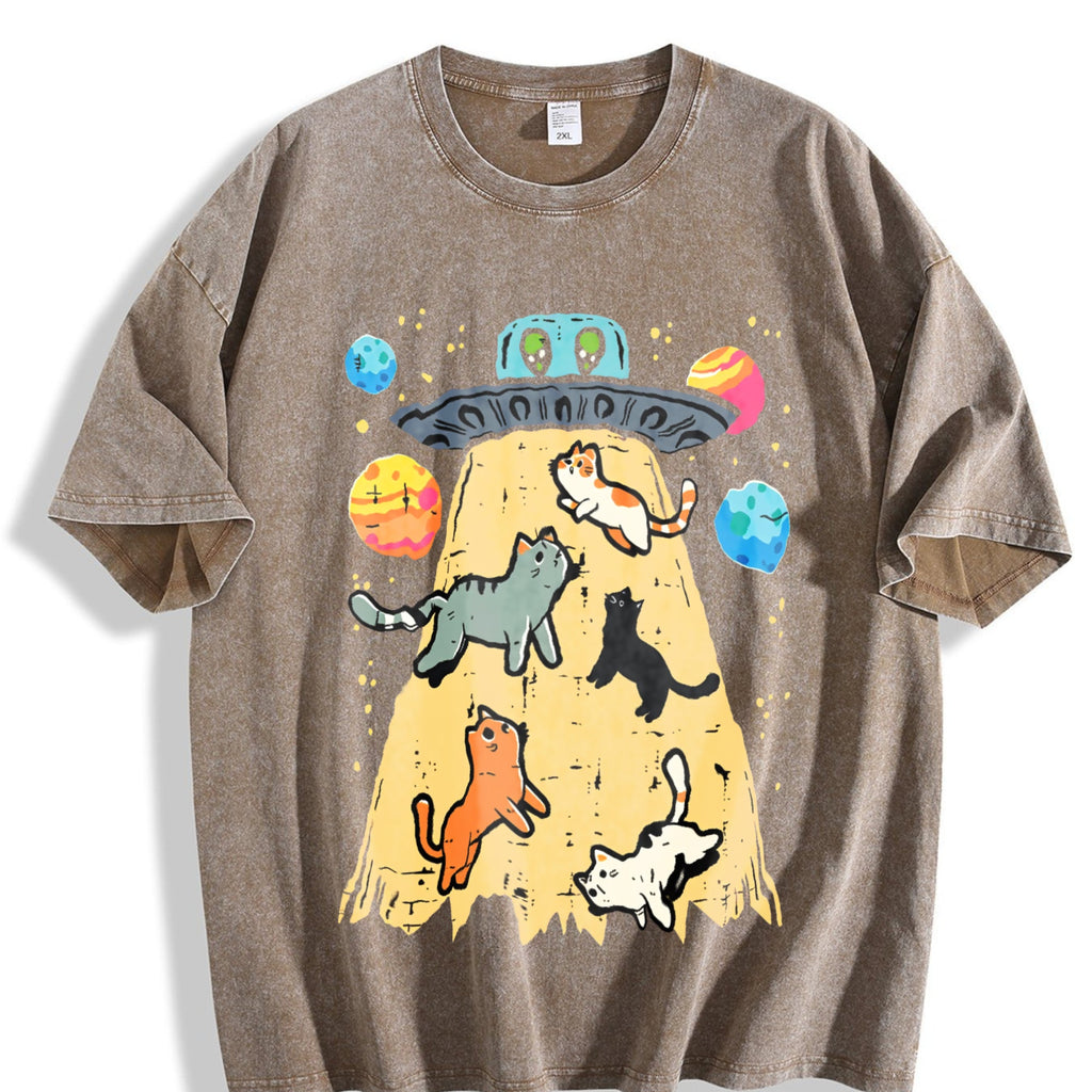 Summer UFO Takeaway Cute Cat Vintage Washed T-Shirt product image 3