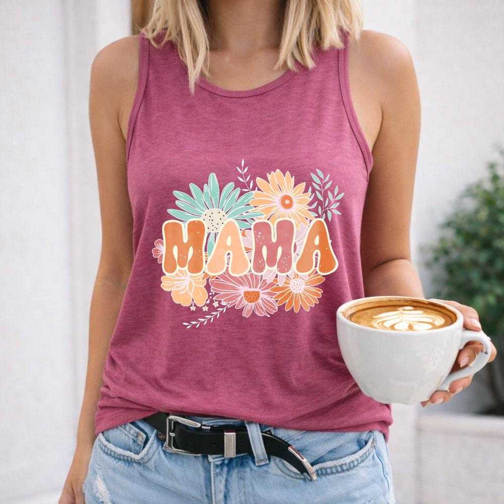 Mother's Day - Vibrant Red Mama Letter & Floral Women's Tank Top