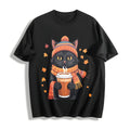 Winter Autumn And Winter Atmosphere Black Cat Holding A Cup Of Cotton T-Shirt