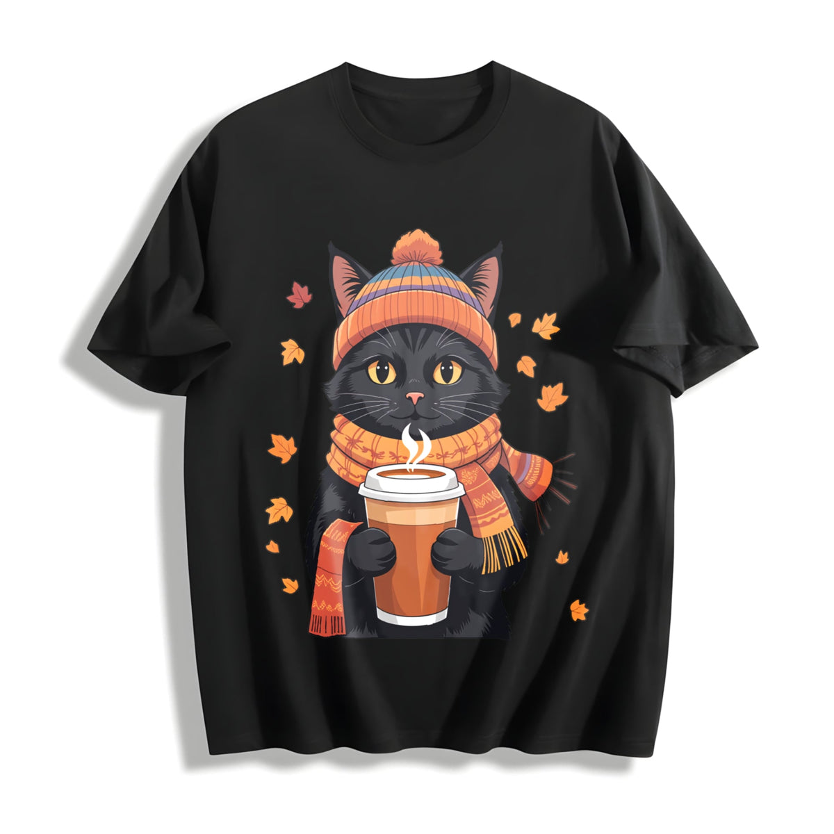 Winter Autumn And Winter Atmosphere Black Cat Holding A Cup Of Cotton T-Shirt